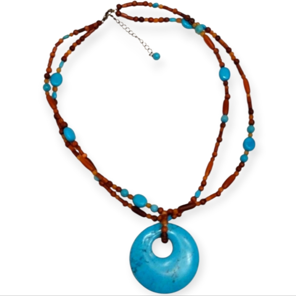 SOLD!! Vtg Coldwater Creek Turquoise Horn Doughnut Orb Wooden Double Necklace! - Picture 1 of 8
